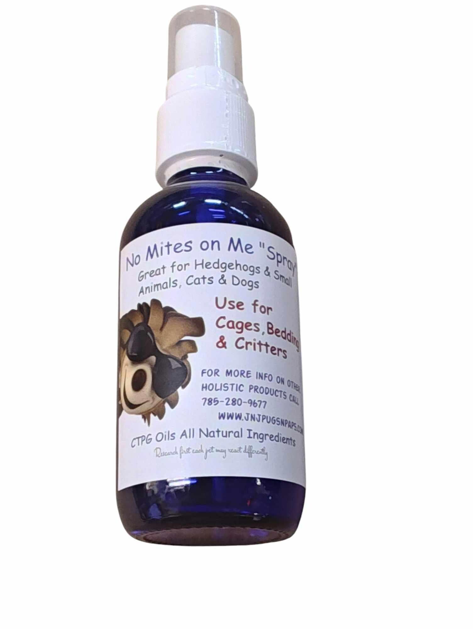 No Mites on Me spray for hedgehogs, cats, and dogs, designed for cages, bedding, and critters.