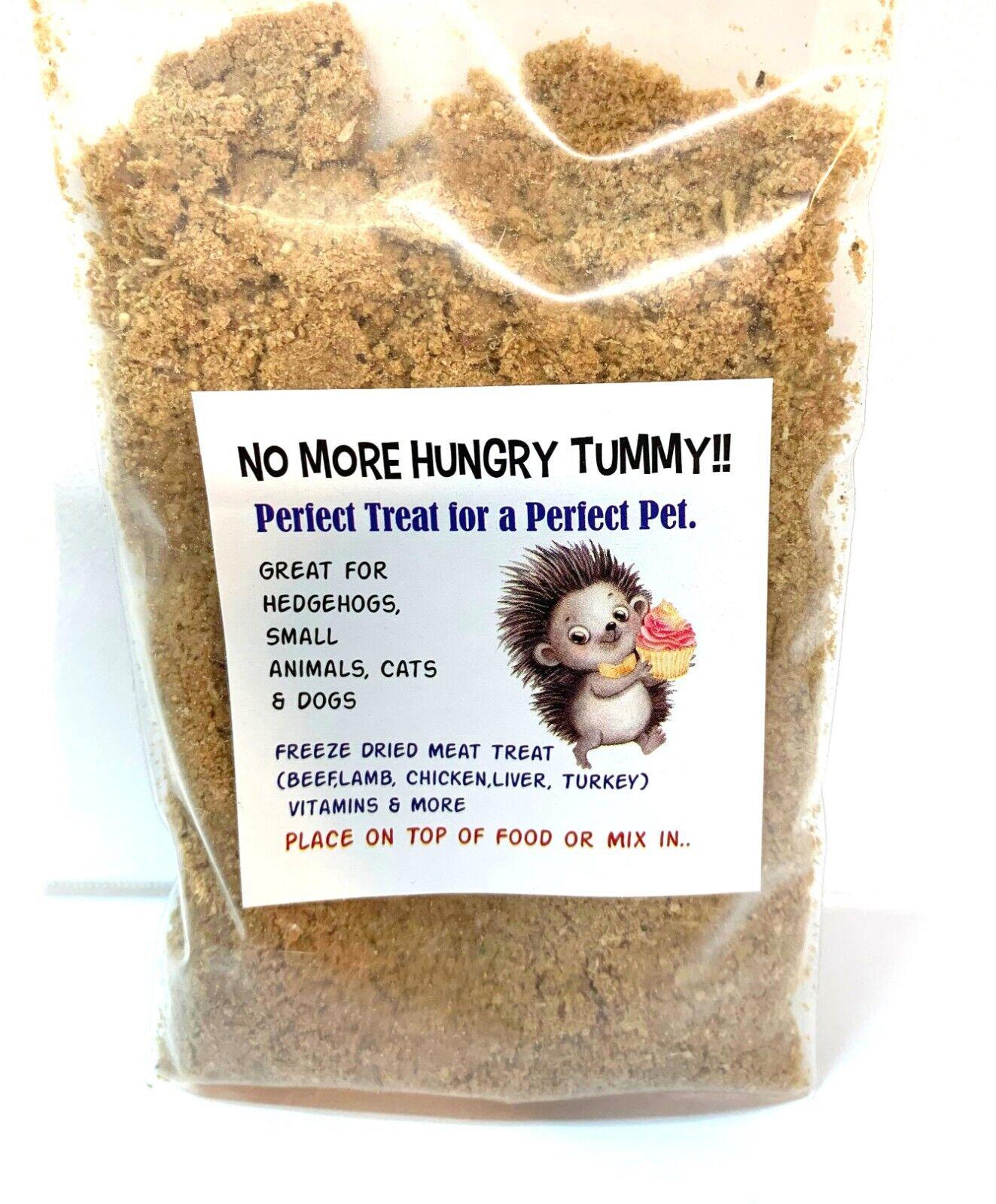 No More Hungry Tummy freeze dried meat treat for hedgehogs, small animals, cats, and dogs, featuring a cute hedgehog graphic.