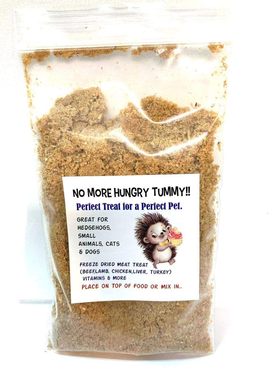 No More Hungry Tummy! treat for hedgehogs and small pets, featuring a blend of dried meat.
