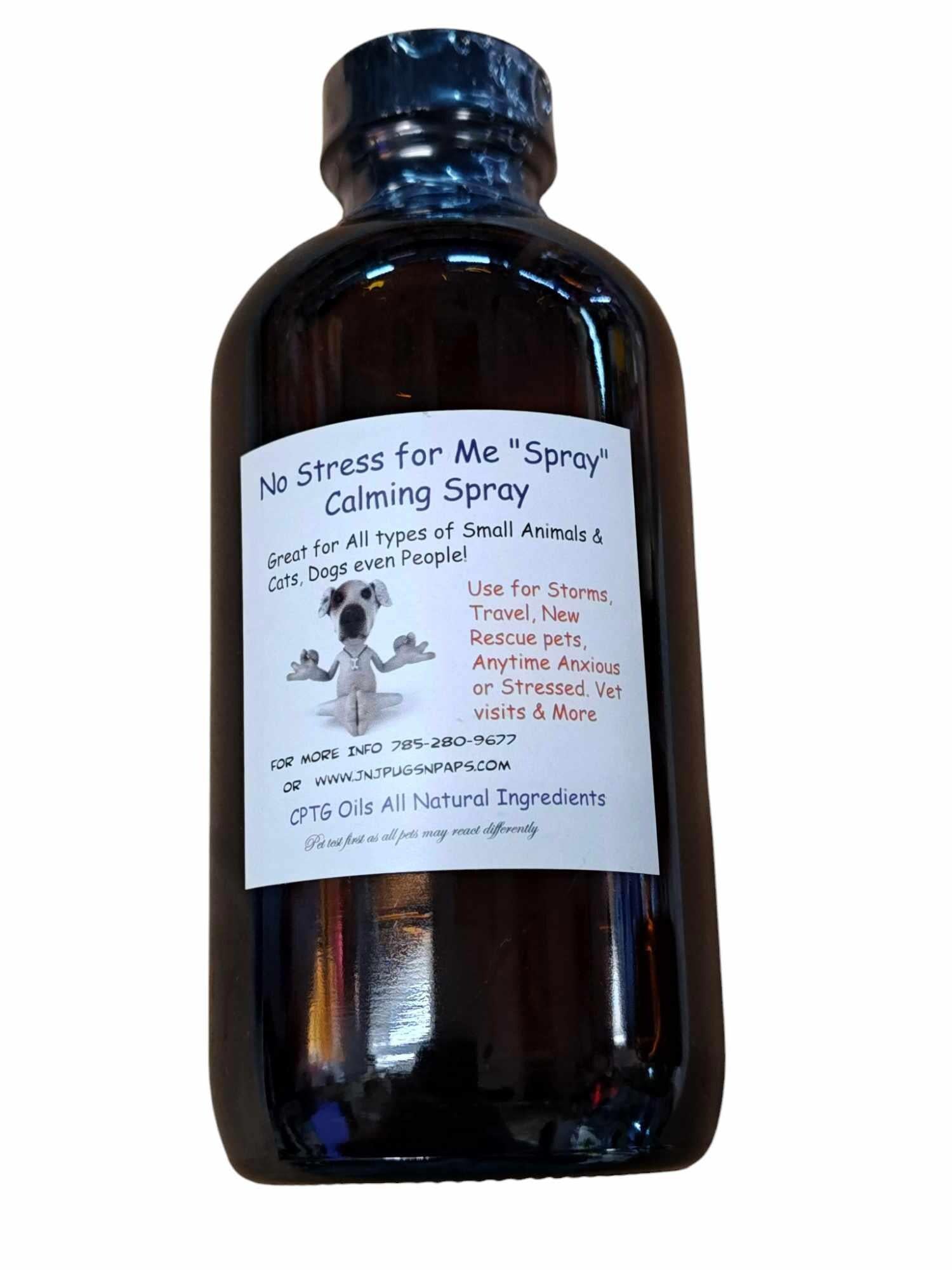 No Stress for Me Calming Spray in a dark bottle, designed for small animals and pets.