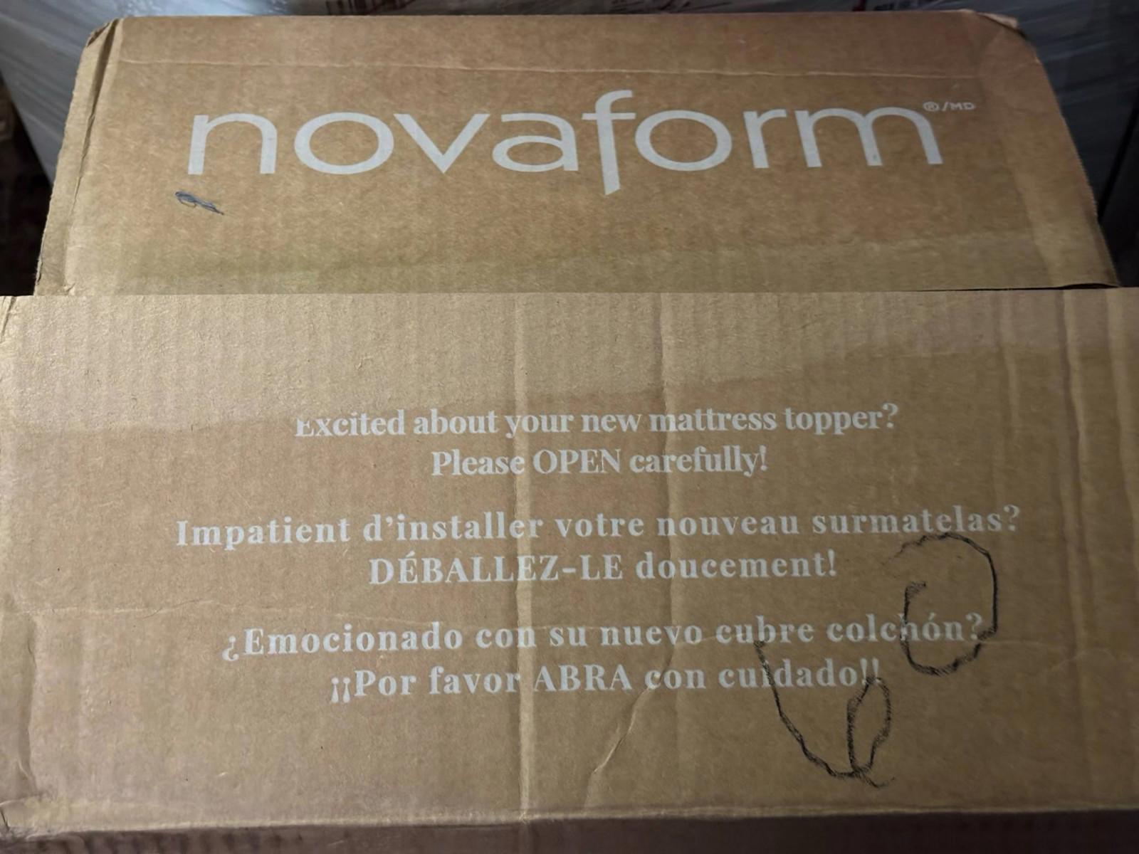 Novafrom mattress topper packaging with care instructions and multilingual text.