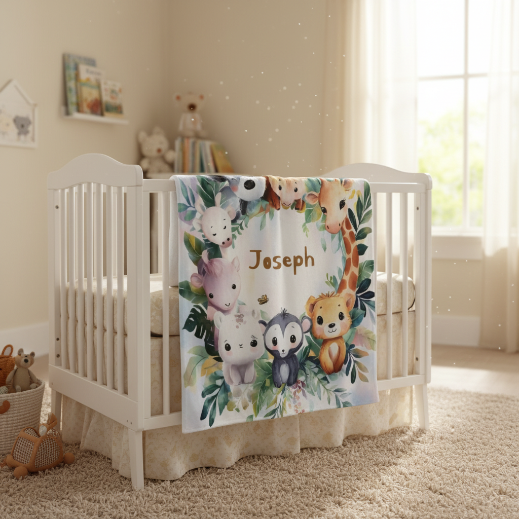 Personalized Safari Animals Blanket with Name | Botanical Wreath Design | Custom Baby & Kids Gift