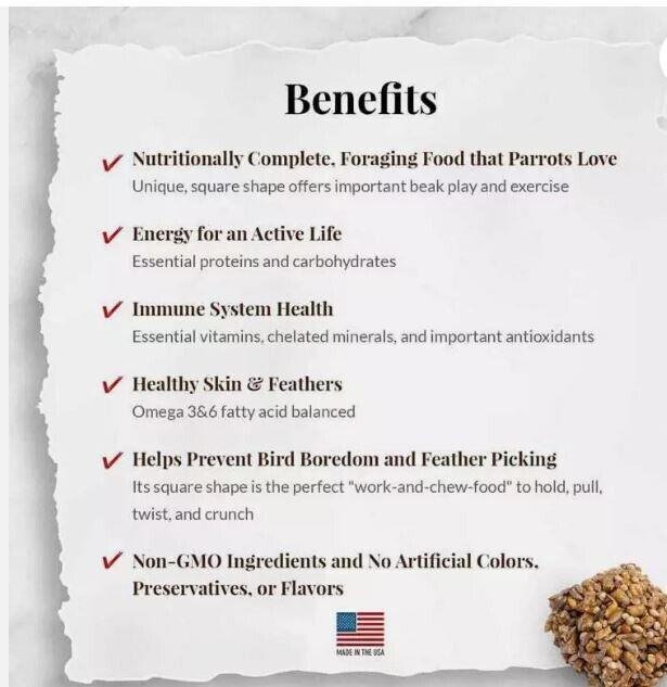 Nutritionally Complete Parrot Food benefits include energy, immune health, and healthy skin and feathers.
