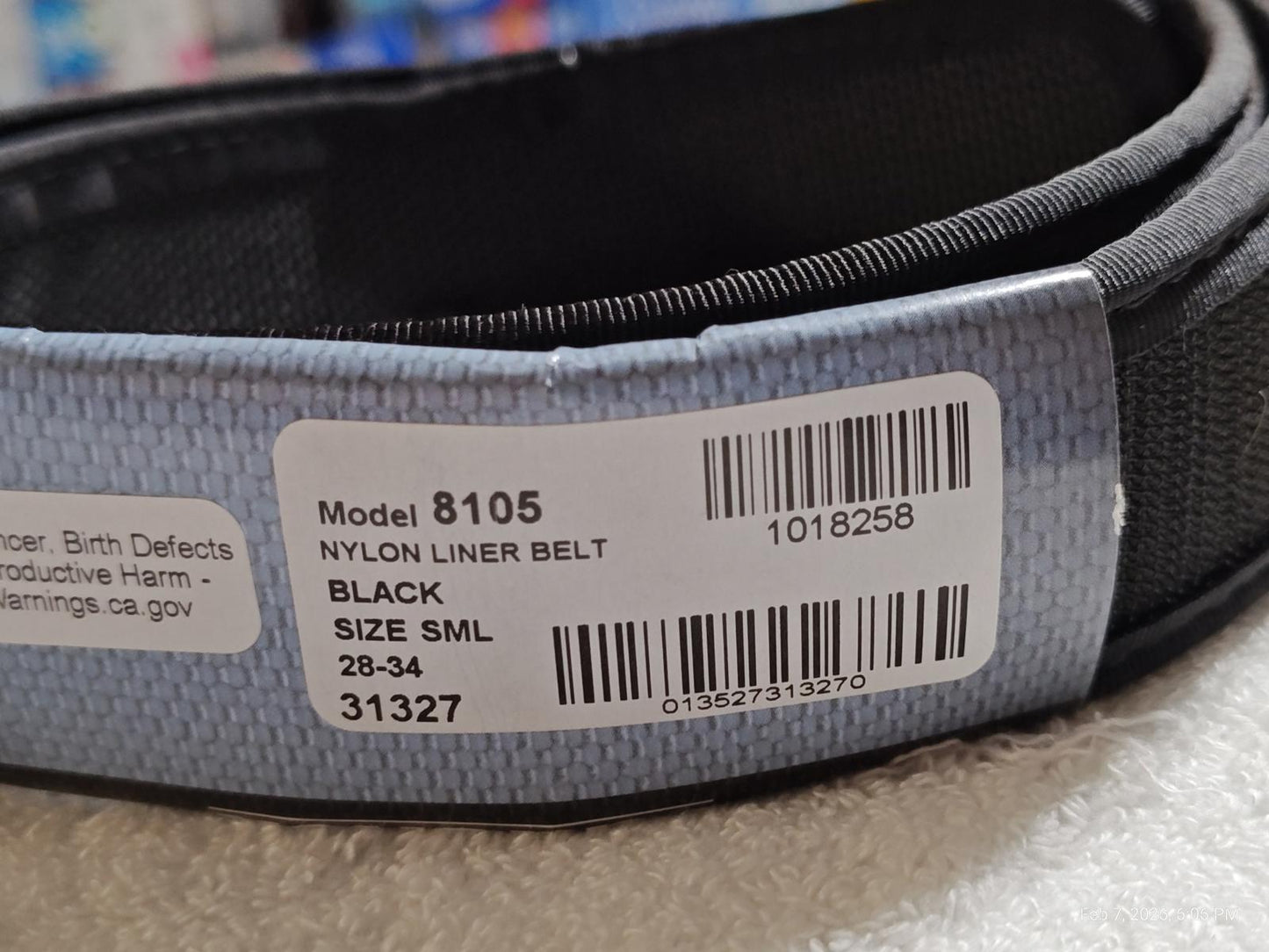 Nylon Liner Belt 8105 in black, size SML, featuring a smooth texture and durable design.