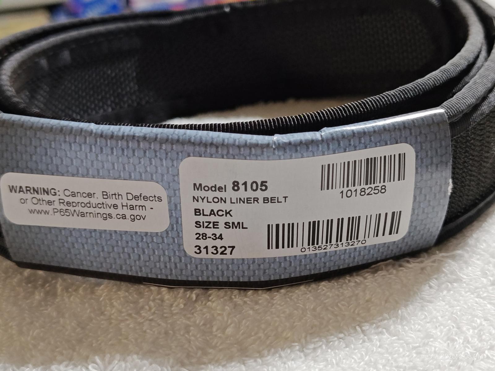 Nylon Liner Belt model 8105 in black, featuring a durable design and size small label.