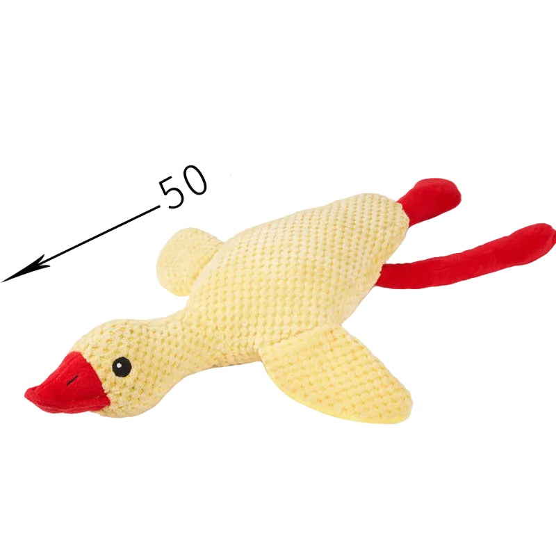 Dog toy shaped like a duck with red beak and feet, measurement label indicating 50cm length on a white background.