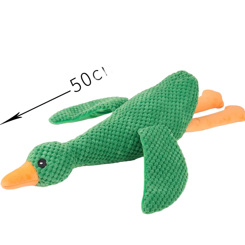 Green knitted duck toy with an orange beak and feet, labeled as 50cm long on a white background.