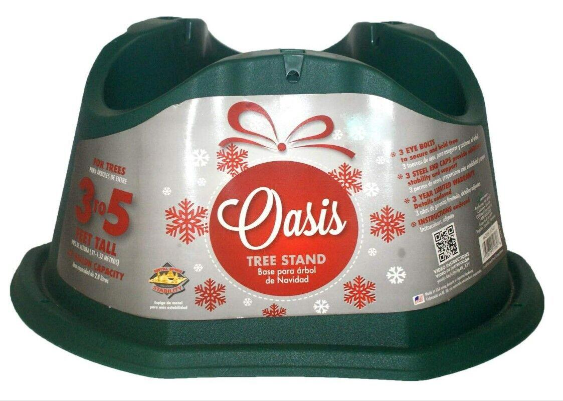 Oasis tree stand designed for 3-5 foot trees, featuring a festive holiday design.