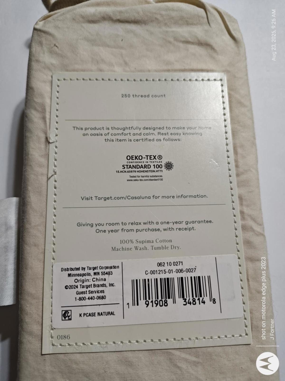 Cotton sheet set with Oeko-Tex certification, packaged in natural color.