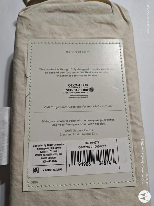 Cotton sheet set with Oeko-Tex certification, packaged in natural color.