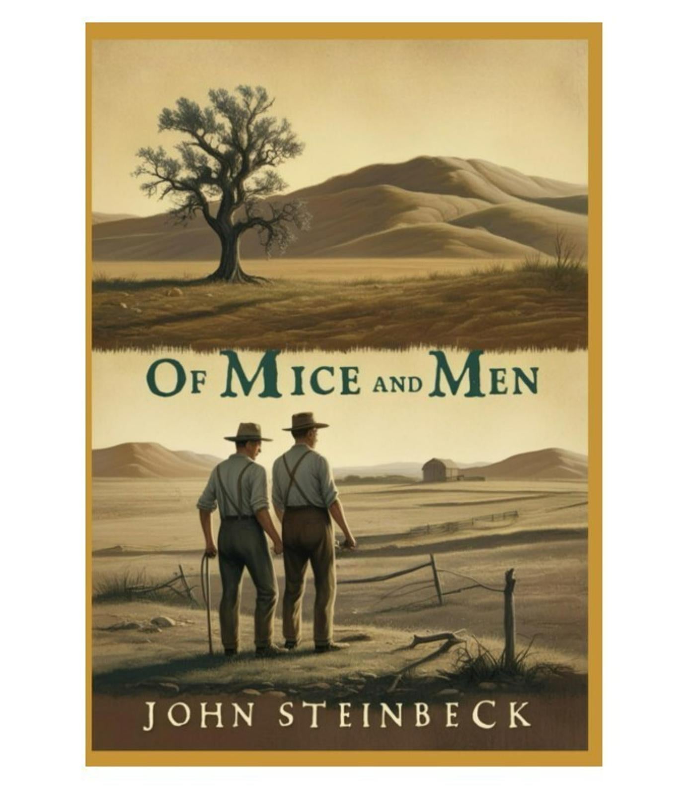 Of Mice and Men book cover featuring two men standing in a field with a tree and hills in the background.