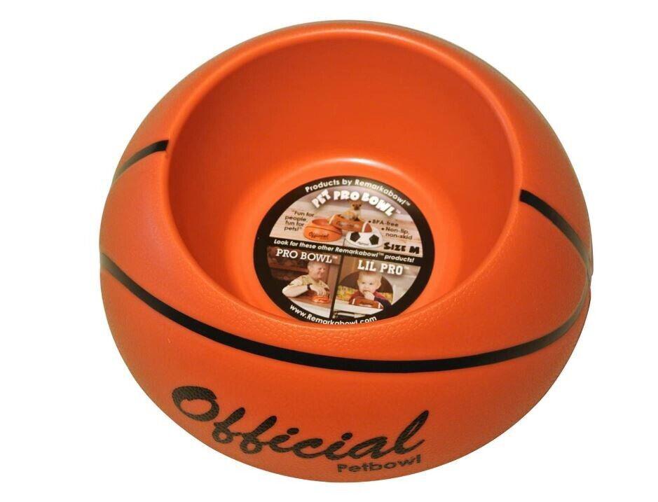 Official Pet Bowl designed as a basketball, featuring an orange color and black stripes.