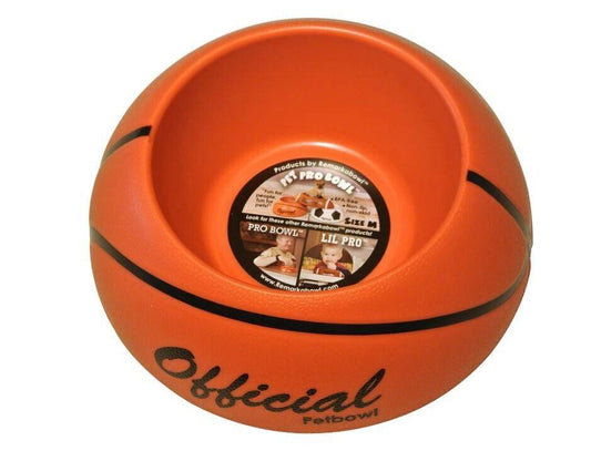 Official Pet Bowl designed as a basketball, featuring an orange color and black stripes.