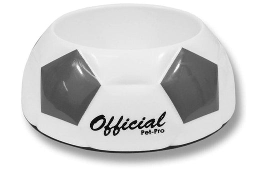 Official Pet-Pro soccer-themed pet bowl with black and white design.