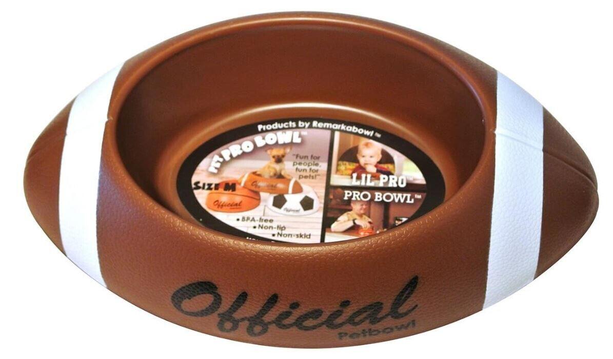 Official Pro Bowl pet bowl designed like a football, featuring a brown color and white stripes.