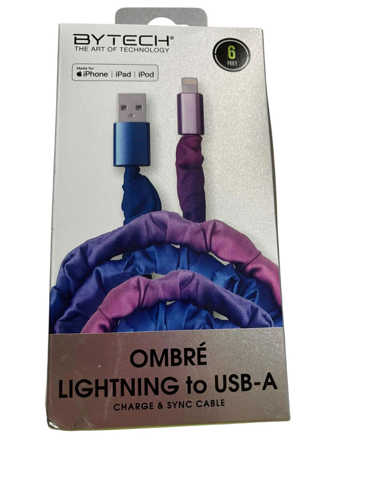 Ombre Lightning to USB-A cable in purple and blue colors, designed for charging and syncing devices.