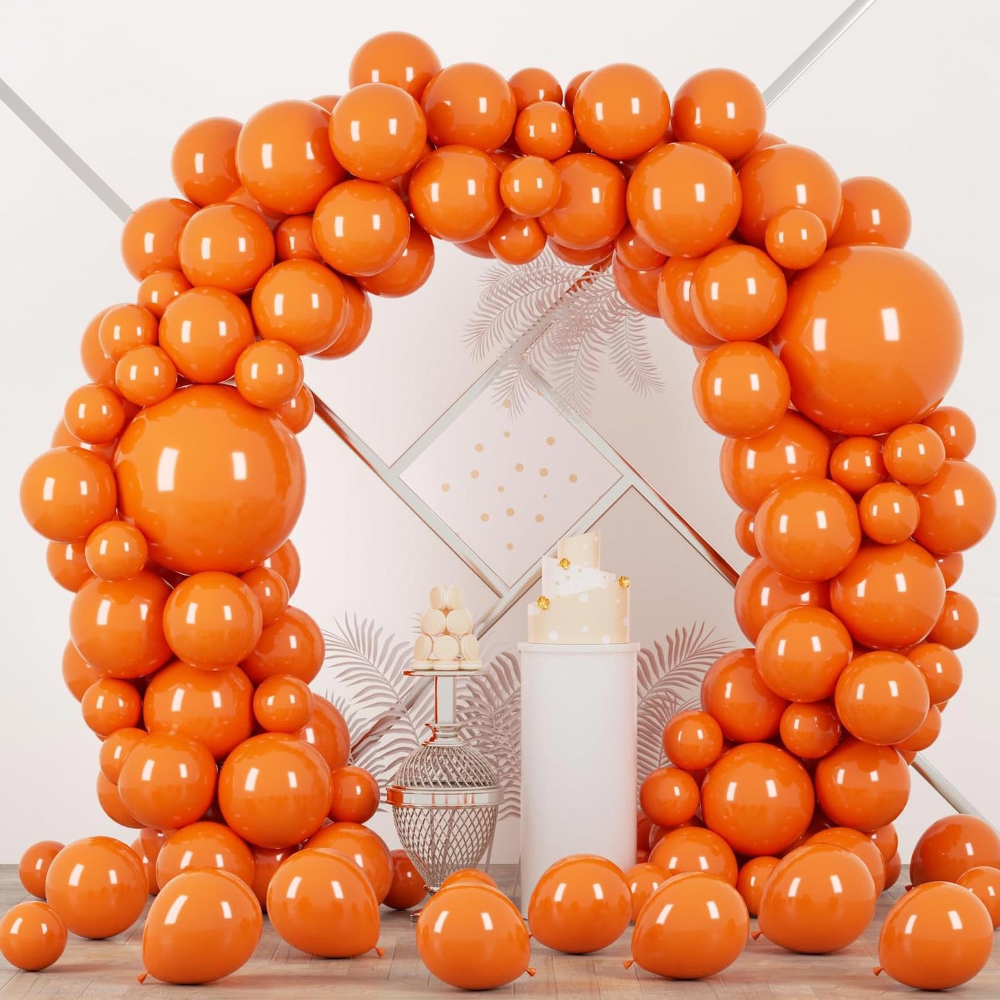 Orange Balloon Arch featuring glossy spheres in various sizes, perfect for celebrations.