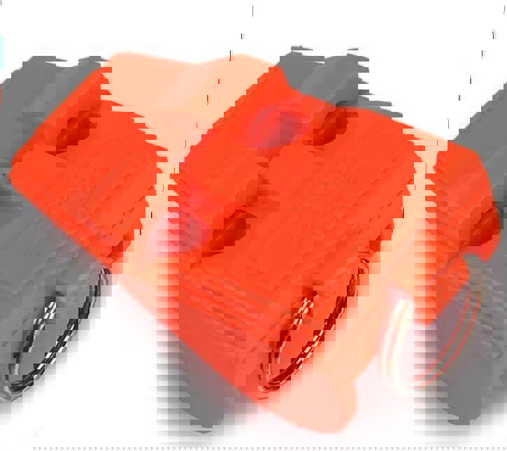 Orange safety whistle keychain with dual holes for easy attachment.