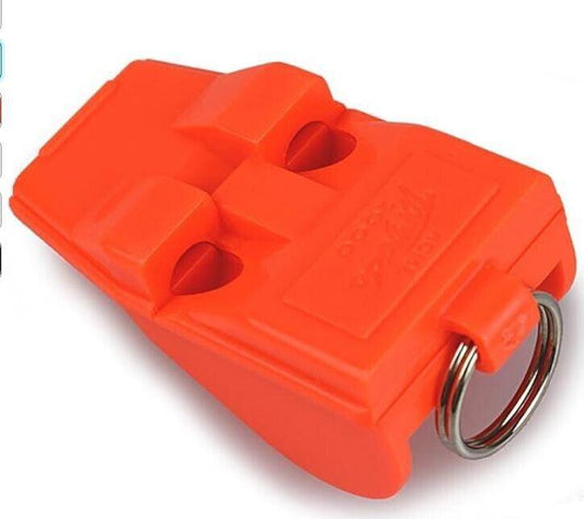 Orange safety whistle keychain with dual holes for easy attachment.