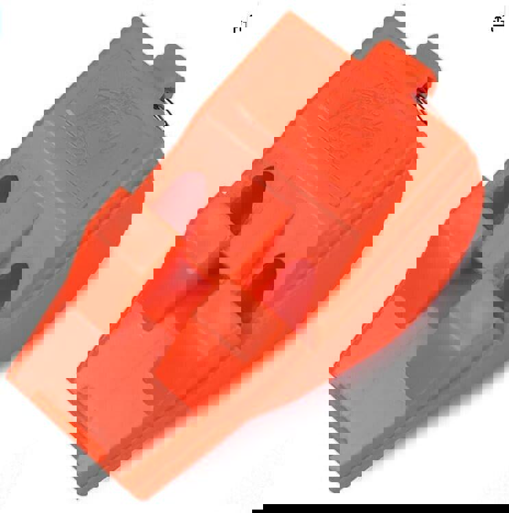 Orange tire chock designed for secure vehicle parking and stability.
