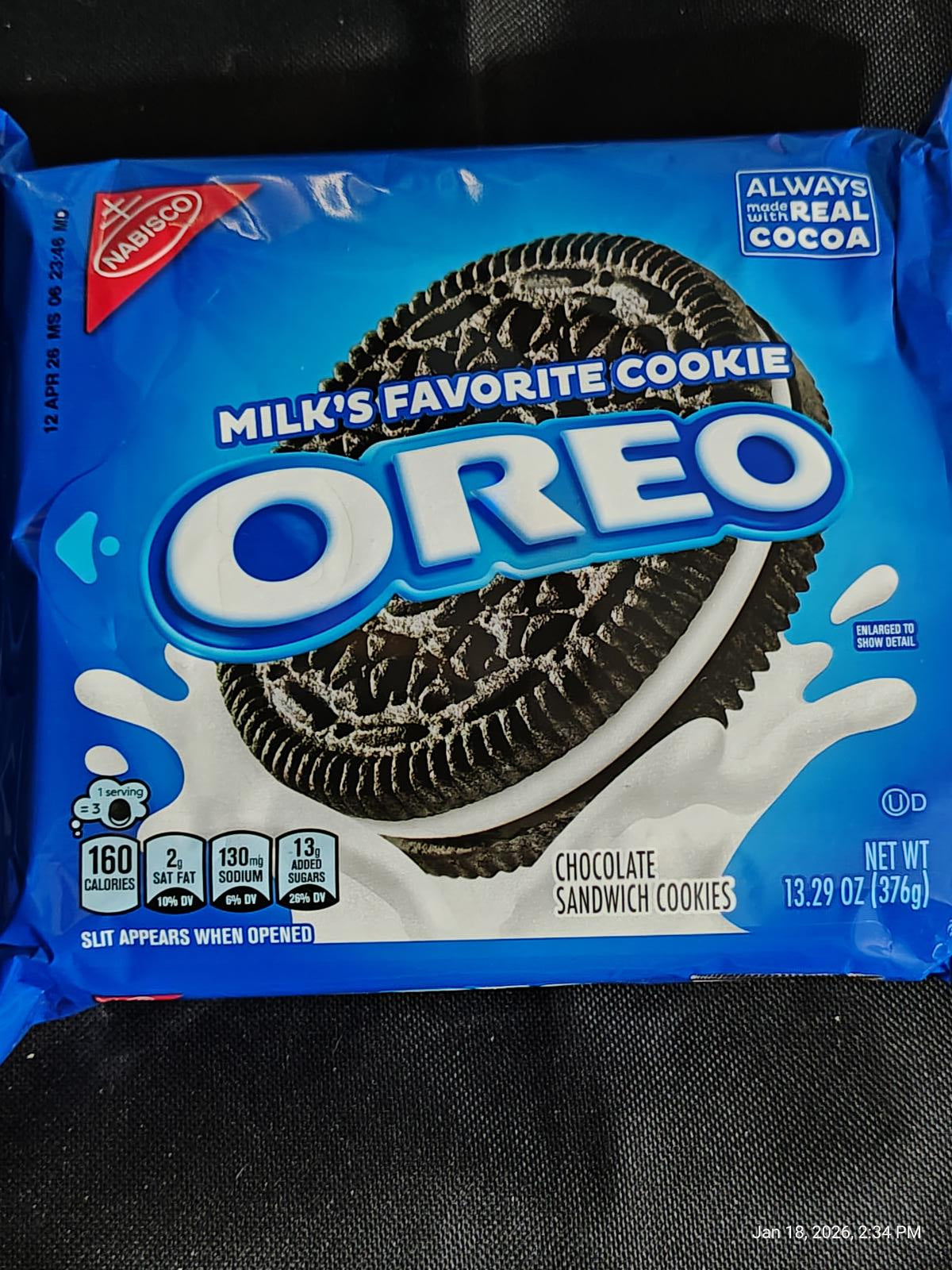 OREO chocolate sandwich cookies package featuring the iconic blue design and nutritional information.