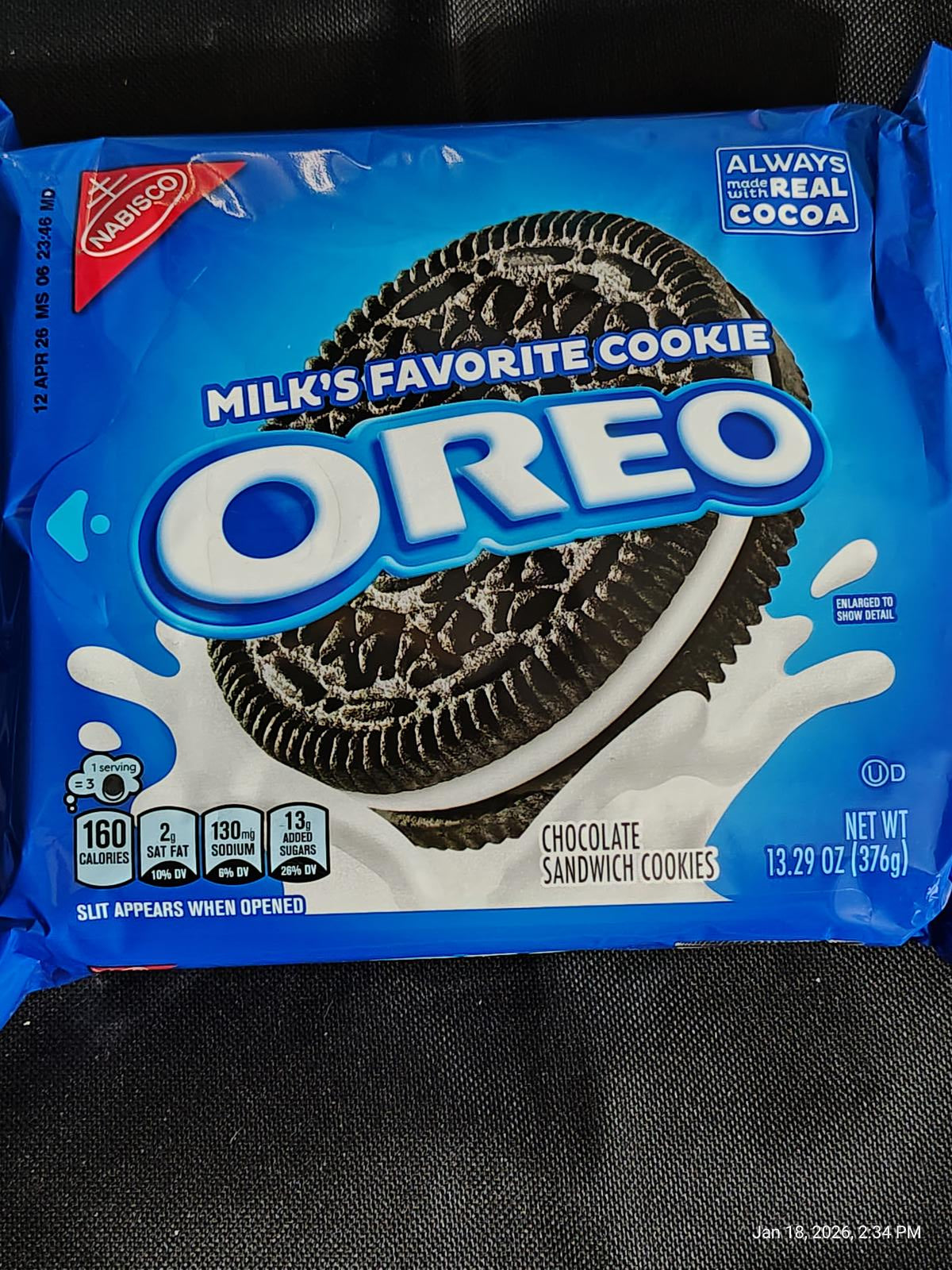 OREO chocolate sandwich cookies package featuring milk's favorite cookie design.