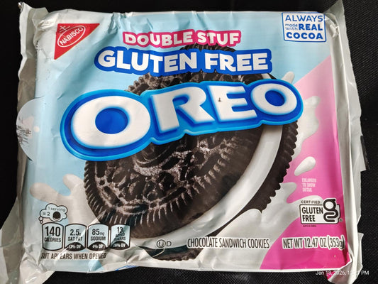 Oreo Double Stuf gluten free cookies package featuring chocolate sandwich cookies.