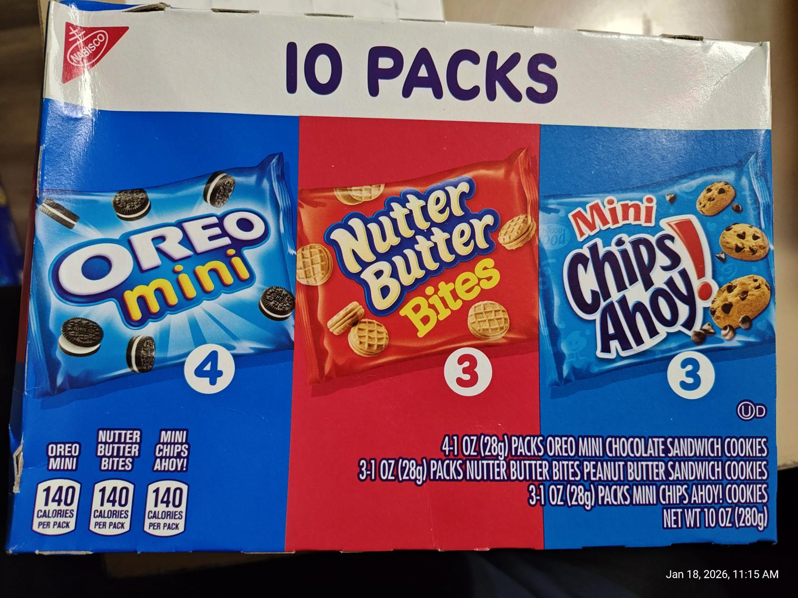 Oreo Mini, Nutter Butter Bites, and Mini Chips Ahoy! cookie packs in a 10-pack box.