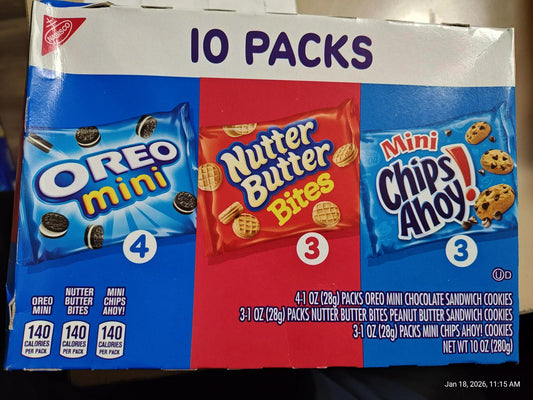 Oreo Mini, Nutter Butter Bites, and Mini Chips Ahoy! cookie packs in a 10-pack box.