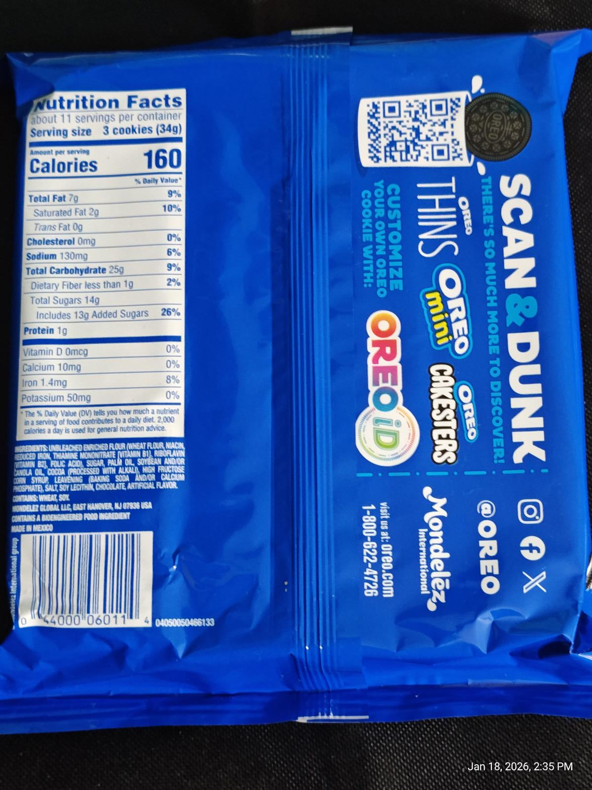 Oreo Thins mini cookies package featuring blue design and nutrition facts.