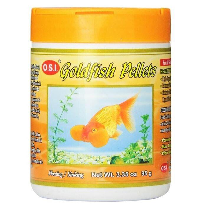 OSI Goldfish Pellets in a yellow container, ideal for feeding goldfish with a vibrant fish image on the label.