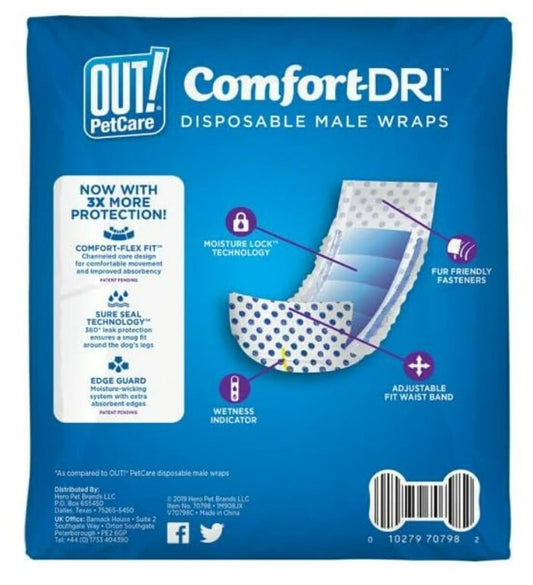 OUT! Comfort-DRI disposable male wraps featuring a fun design and adjustable fit for comfort.