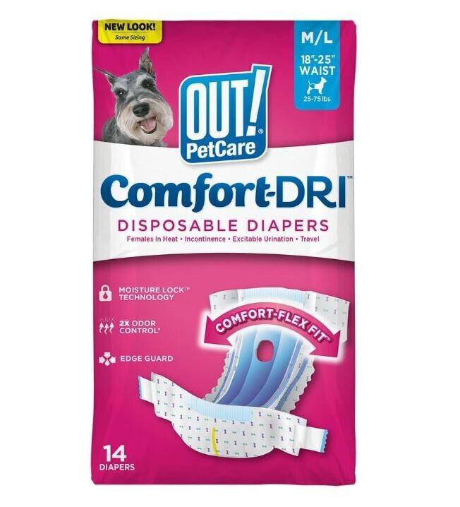 OUT! PetCare ComfortDRI disposable diapers for dogs, featuring moisture lock technology and comfort flex fit.