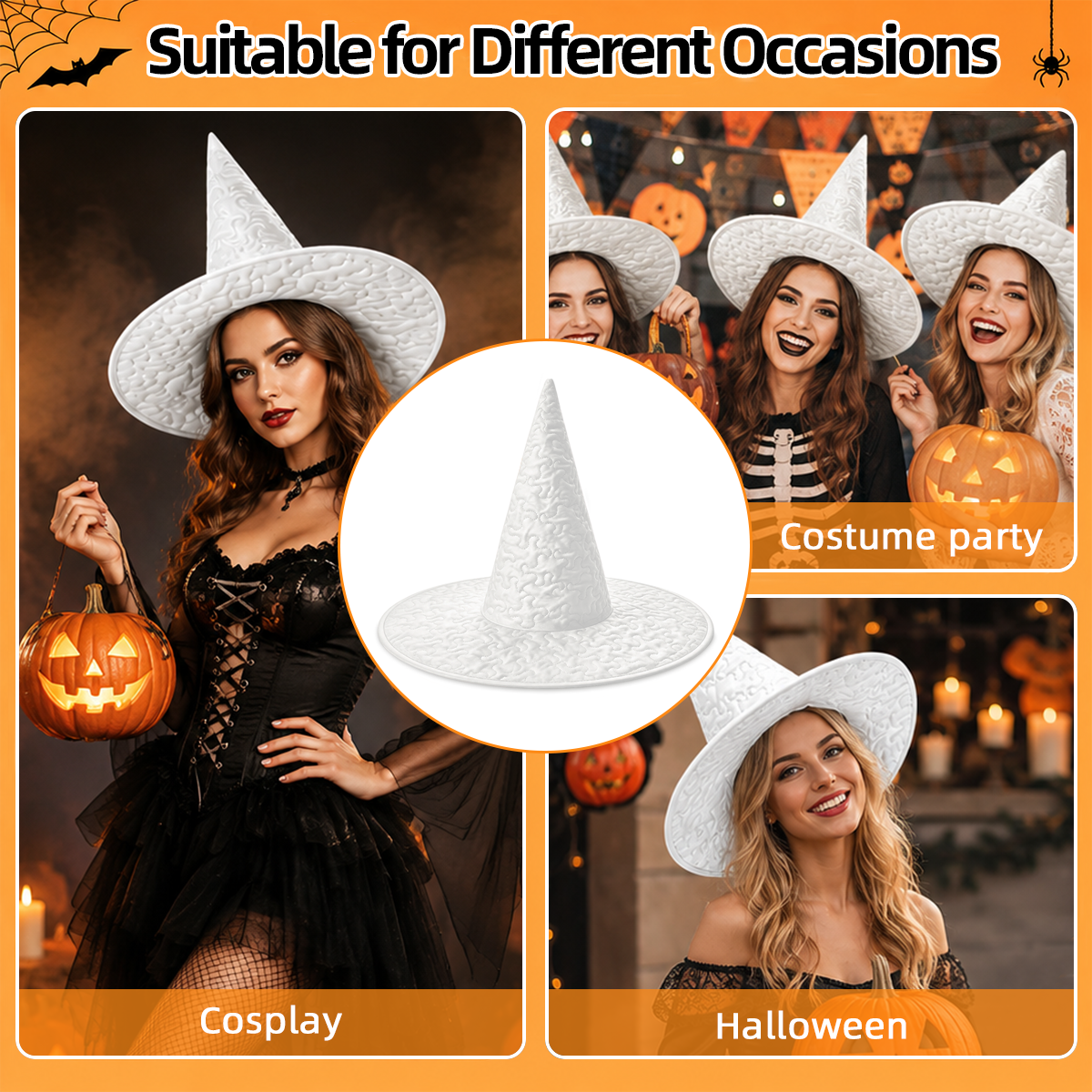 Personalized Halloween Witch Hat with Custom Name - Flying Witches Ghosts and Spider Webs Orange Brim Costume Hat for Adults and Teens