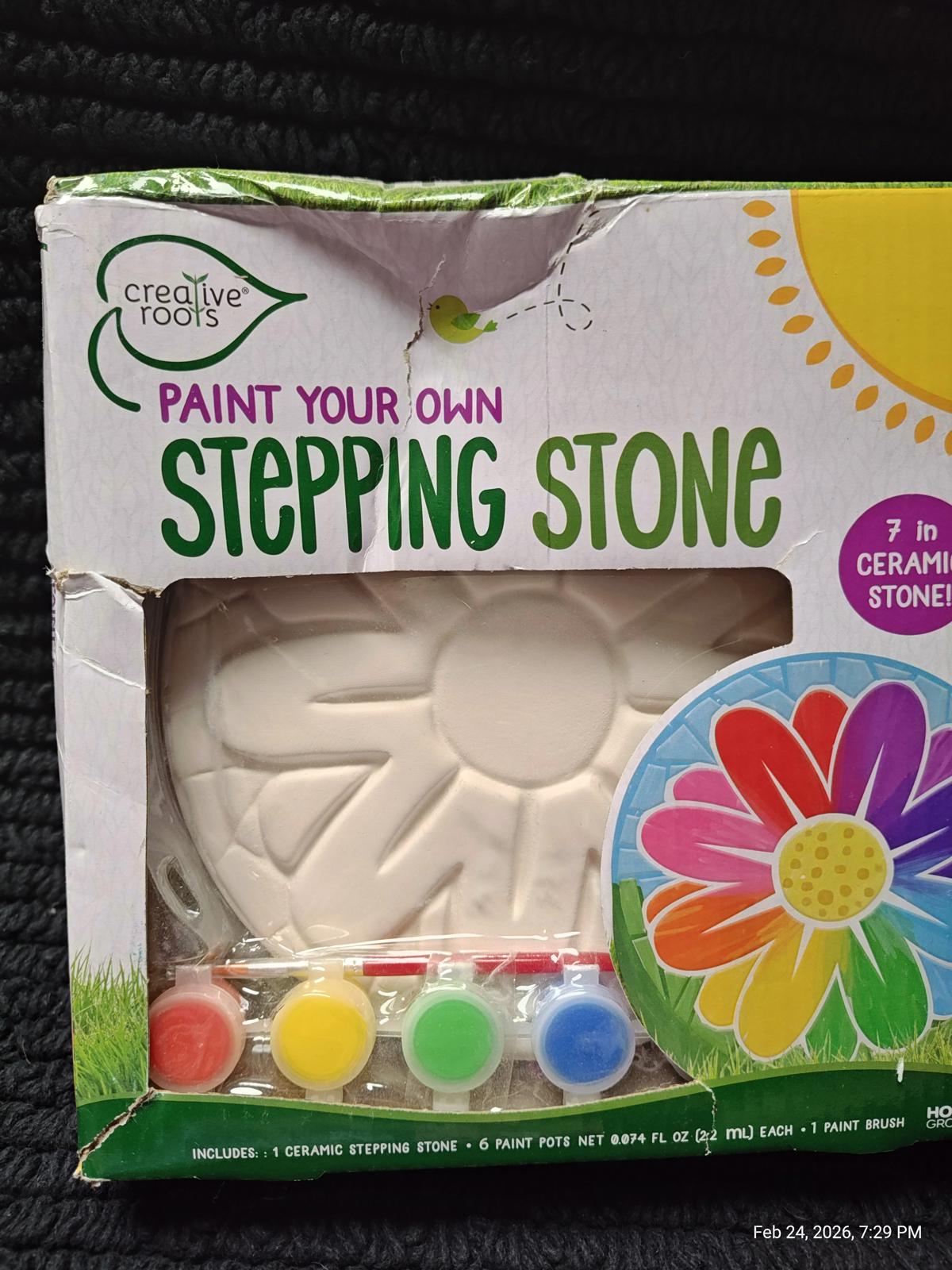 Creative Roots Paint Your Own Stepping Stone kit with colorful paints and a flower design.