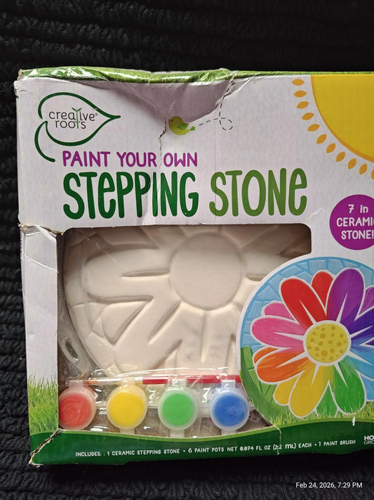 Creative Roots Paint Your Own Stepping Stone kit with colorful paints and a flower design.