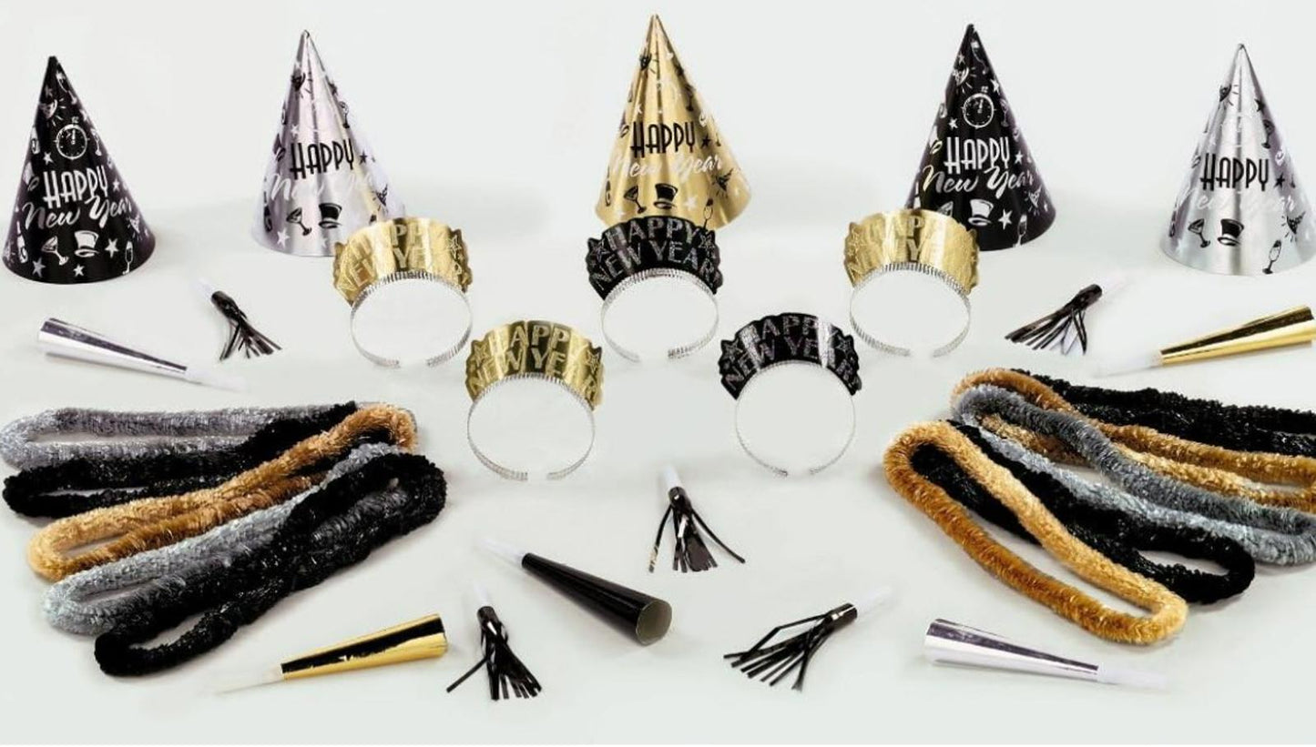 Party Hats and Accessories Set includes black, gold, and silver hats, crowns, and noise makers.
