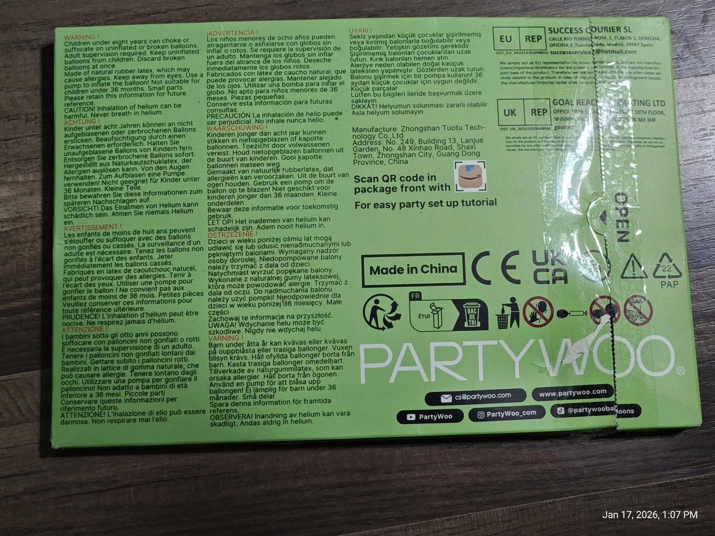 Partywood product packaging featuring instructions and safety information.