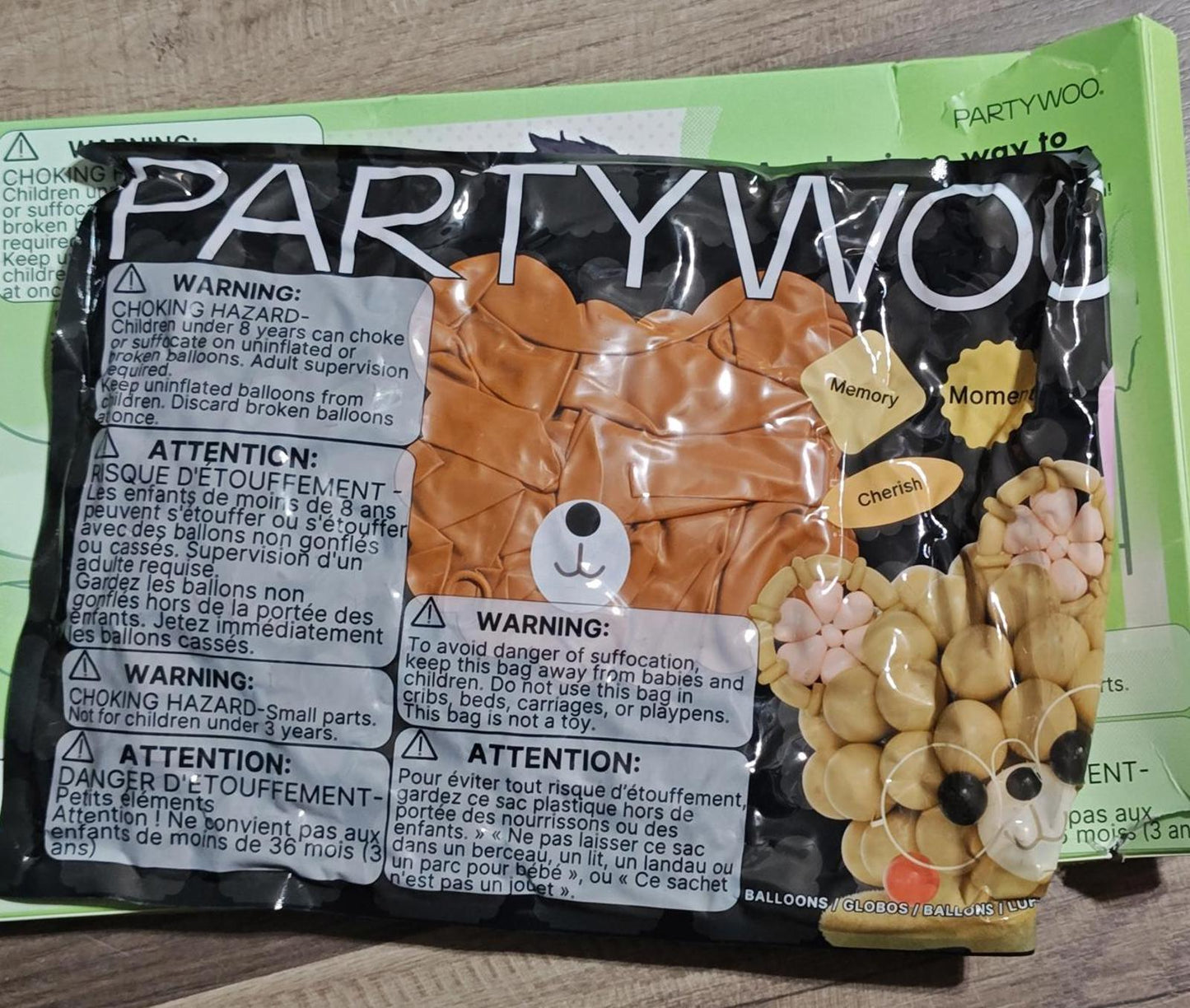 Partywood snack mix featuring a variety of crunchy shapes and flavors in a colorful bag.
