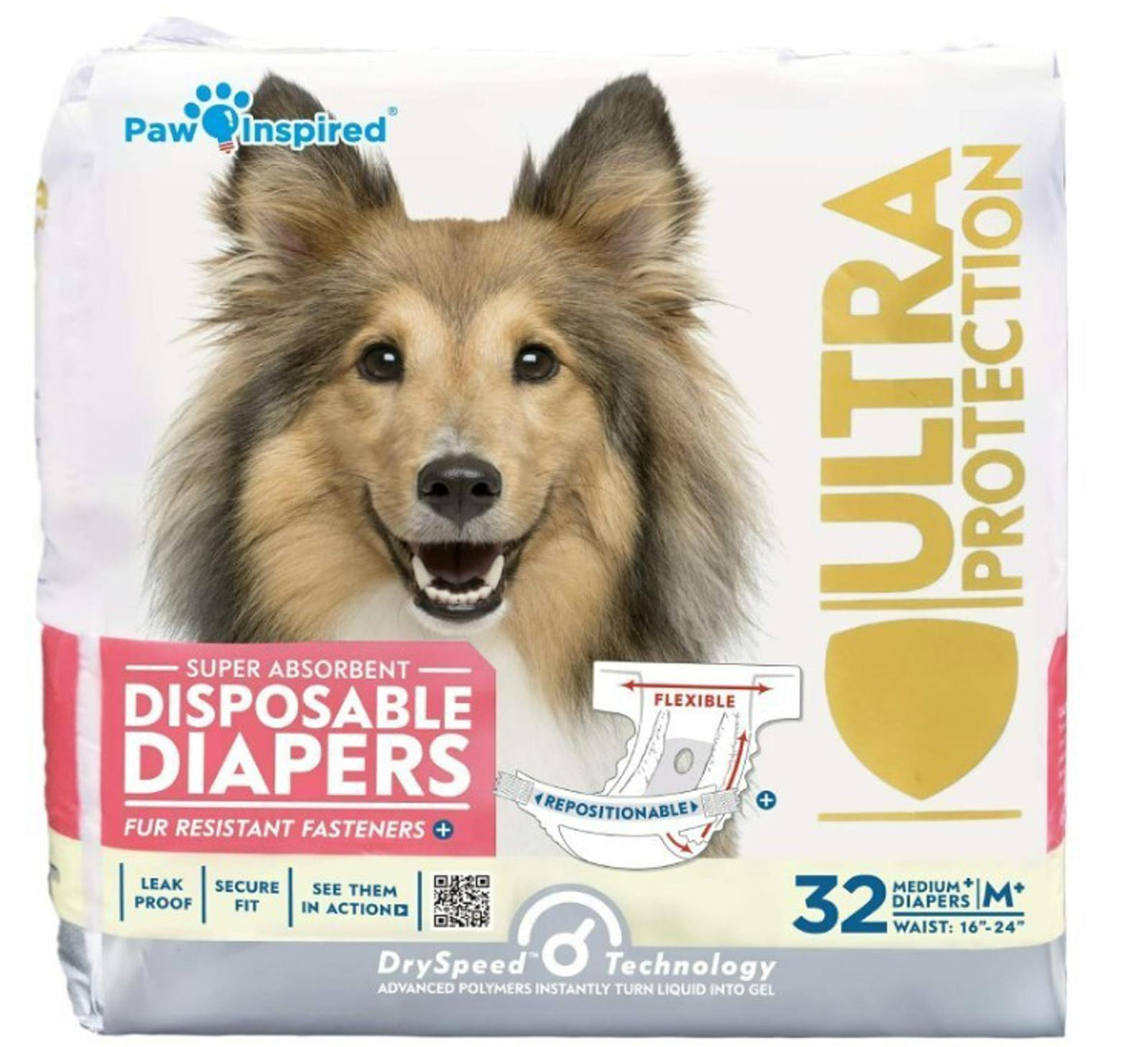 Paw Inspired Ultra Protection disposable diapers for dogs, featuring super absorbent material and secure fit.