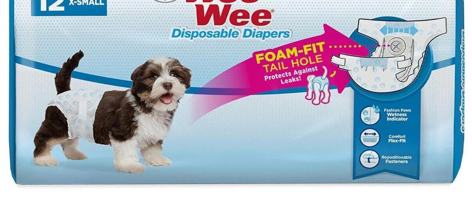 Paw Inspired Wee Wee disposable diapers for dogs featuring foam-fit tail hole.