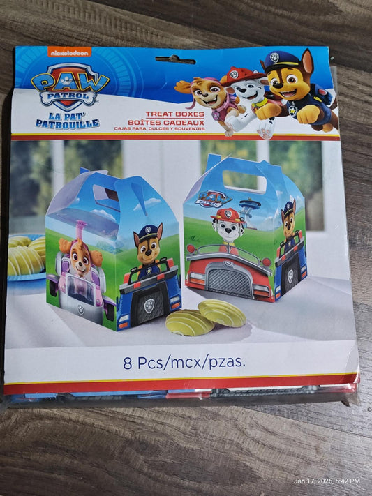 Paw Patrol treat boxes featuring characters and vibrant colors, perfect for party favors.
