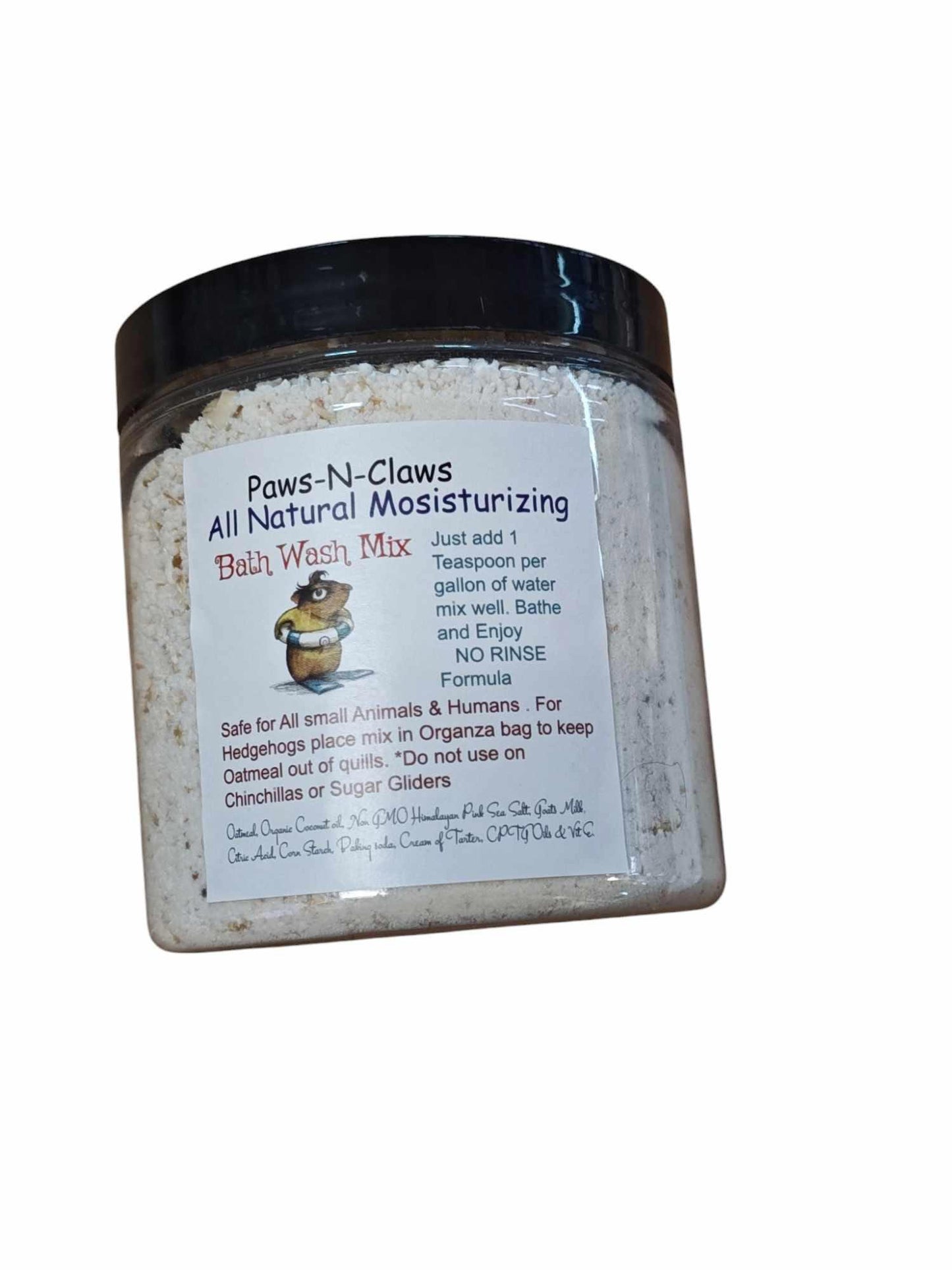 Paws-N-Claws All Natural Moisturizing Bath Wash Mix in a clear container with a label.