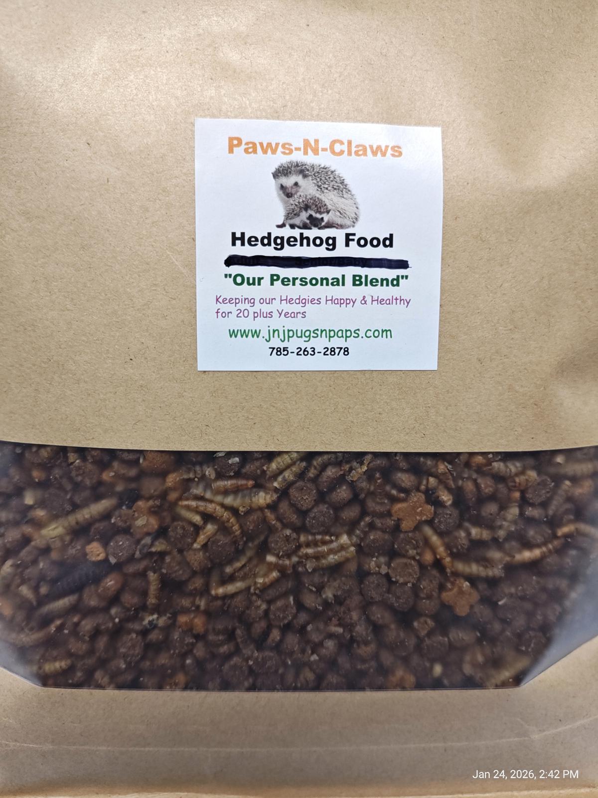 Paws-N-Claws Hedgehog Food featuring our personal blend with nutritious ingredients for hedgehogs.