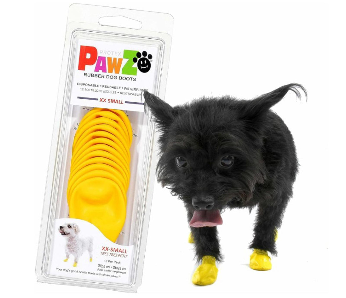 Pawz rubber dog boots in yellow for small dogs, protecting paws from harsh surfaces.