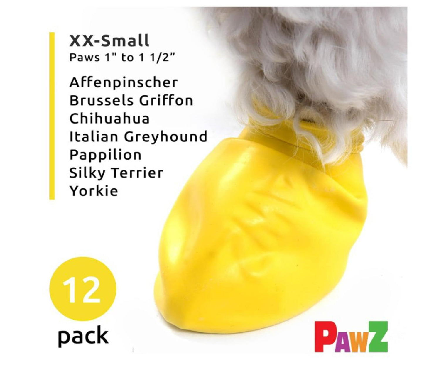 PawZ XX-Small dog booties in yellow, suitable for various small breeds, pack of 12.