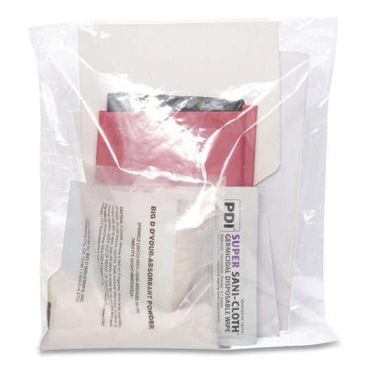 PDI Super San-Cloth disinfectant wipes and assorted cleaning materials in a clear bag.