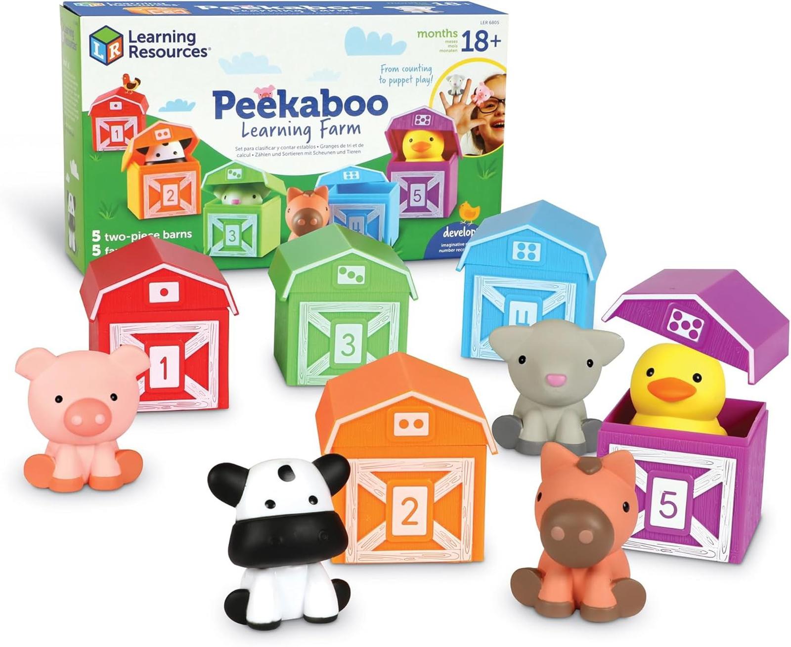 Peekaboo Learning Farm set with colorful animal figures and barn boxes for interactive play.
