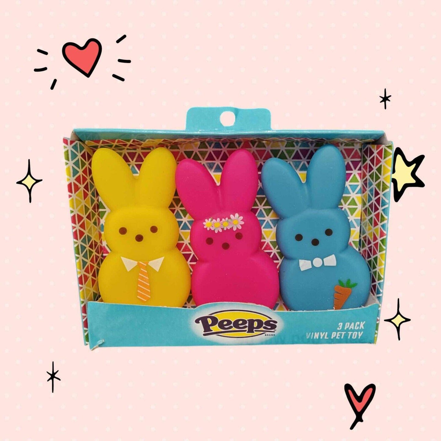 Peeps 3 pack pet toy featuring yellow, pink, and blue bunny designs with fun accessories.