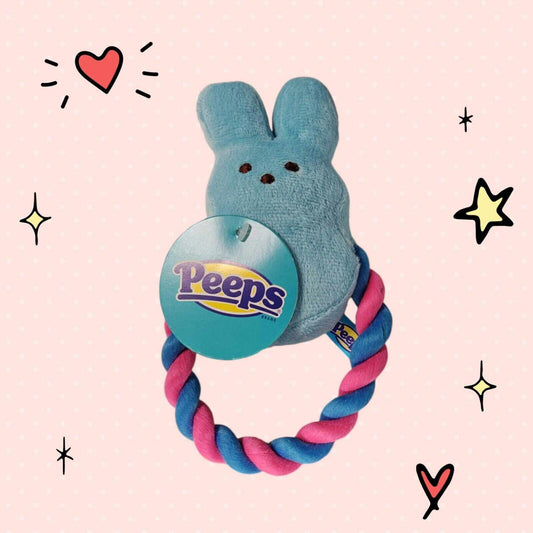 Peeps plush toy with a blue bunny design and a pink and blue rope ring.